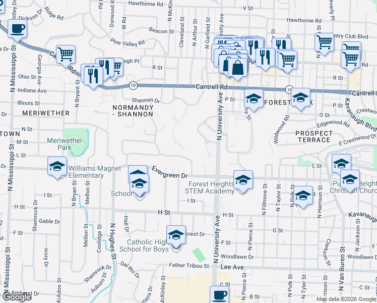map of restaurants, bars, coffee shops, grocery stores, and more near 5 Ken Circle in Little Rock