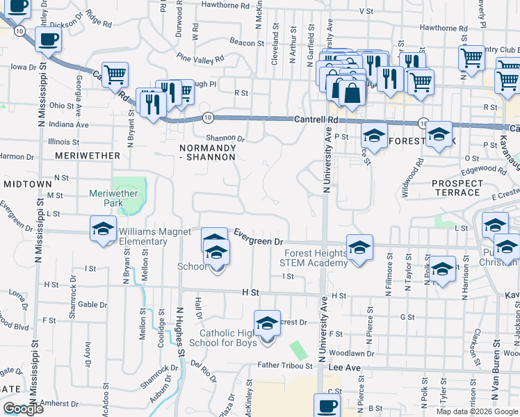 map of restaurants, bars, coffee shops, grocery stores, and more near 8 Ranch Valley Road in Little Rock