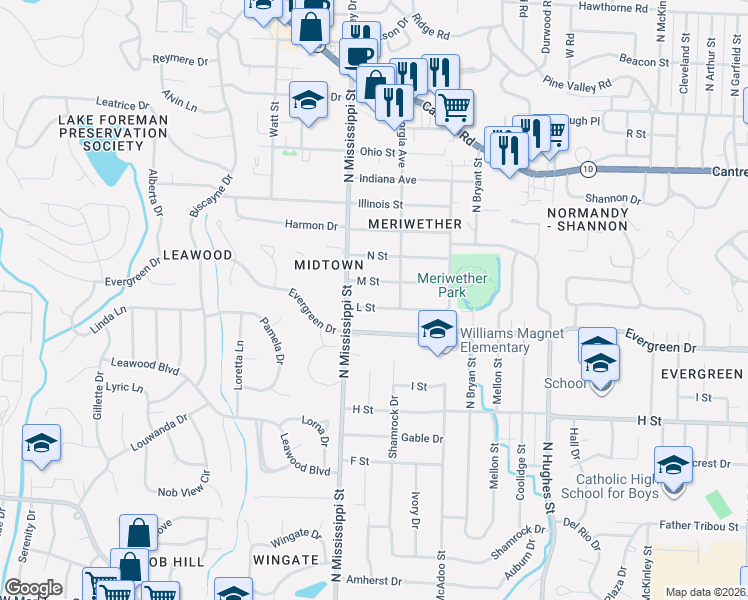 map of restaurants, bars, coffee shops, grocery stores, and more near 7404 L Street in Little Rock