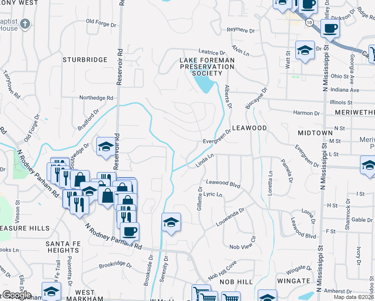 map of restaurants, bars, coffee shops, grocery stores, and more near 8616 Linda Lane in Little Rock