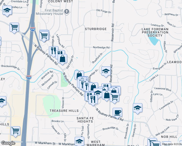 map of restaurants, bars, coffee shops, grocery stores, and more near 1315 Southedge Drive in Little Rock