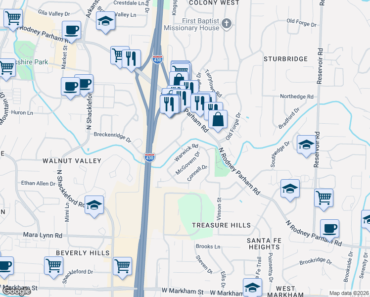 map of restaurants, bars, coffee shops, grocery stores, and more near 1001 Converse Drive in Little Rock