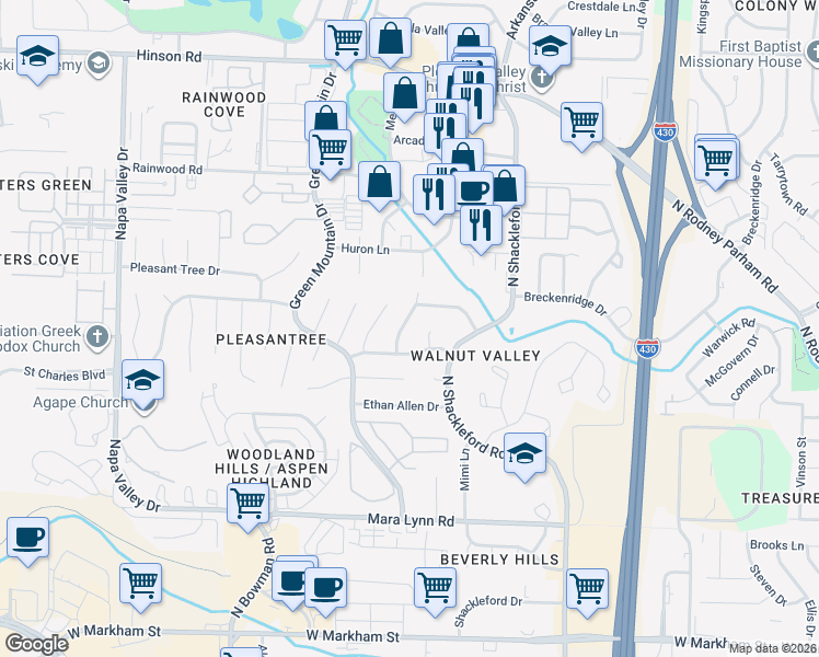 map of restaurants, bars, coffee shops, grocery stores, and more near 1121 Briar Creek Road in Little Rock