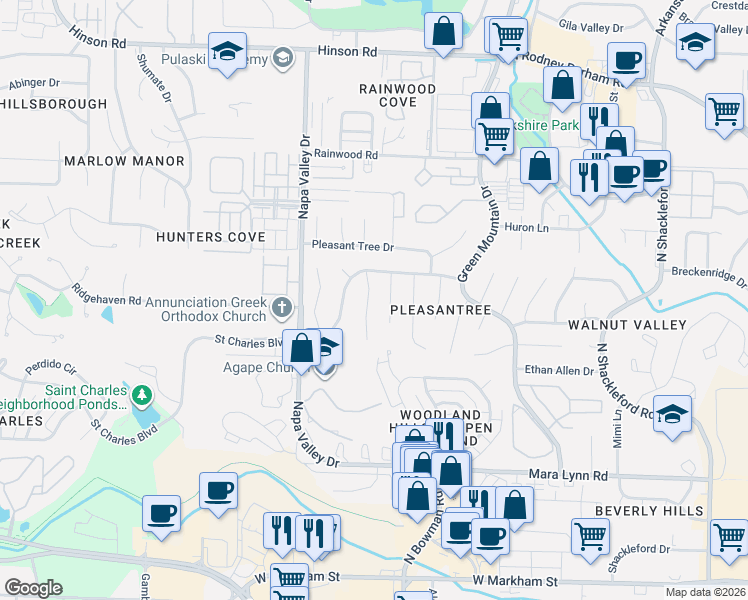 map of restaurants, bars, coffee shops, grocery stores, and more near 8 Painted Turtle Cove in Little Rock