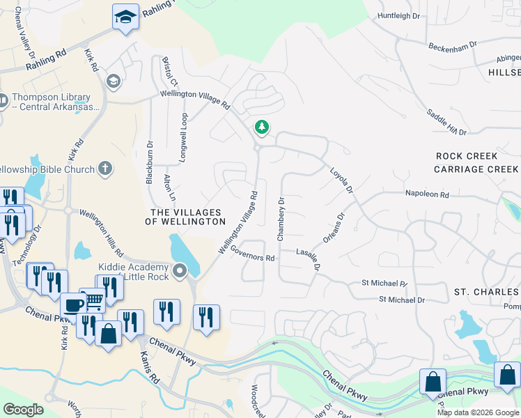 map of restaurants, bars, coffee shops, grocery stores, and more near 20 Village Grove Road in Little Rock