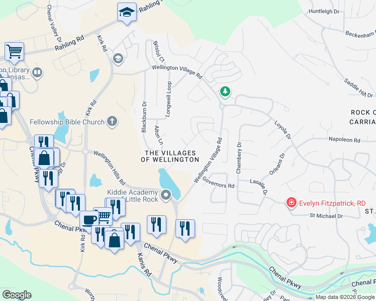 map of restaurants, bars, coffee shops, grocery stores, and more near 2006 Wellington Woods Drive in Little Rock