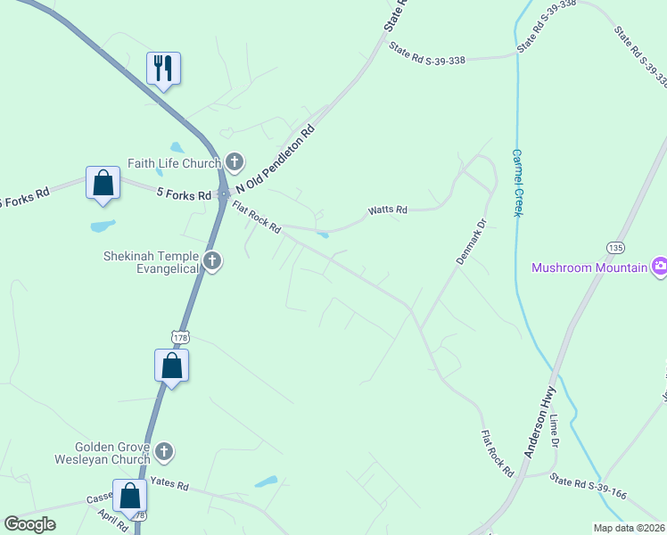 map of restaurants, bars, coffee shops, grocery stores, and more near 250 Flat Rock Road in Liberty