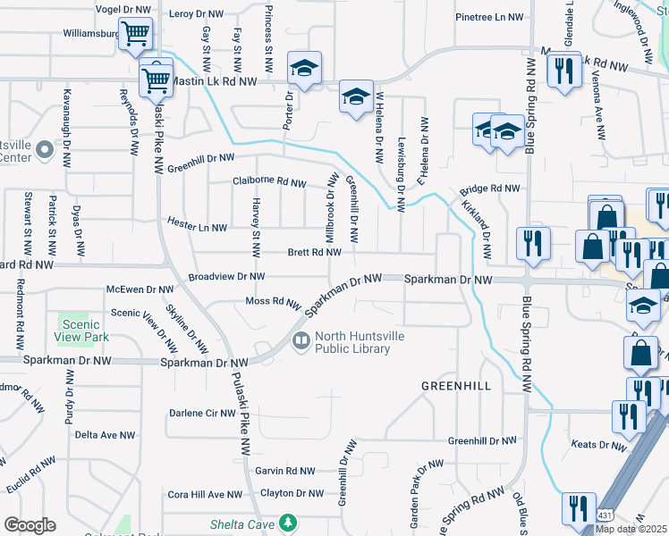 map of restaurants, bars, coffee shops, grocery stores, and more near 3124 Millbrook Drive Northwest in Huntsville
