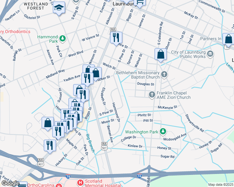 map of restaurants, bars, coffee shops, grocery stores, and more near 1103 South Pine Street in Laurinburg