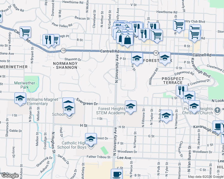 map of restaurants, bars, coffee shops, grocery stores, and more near 3 Gay Place in Little Rock