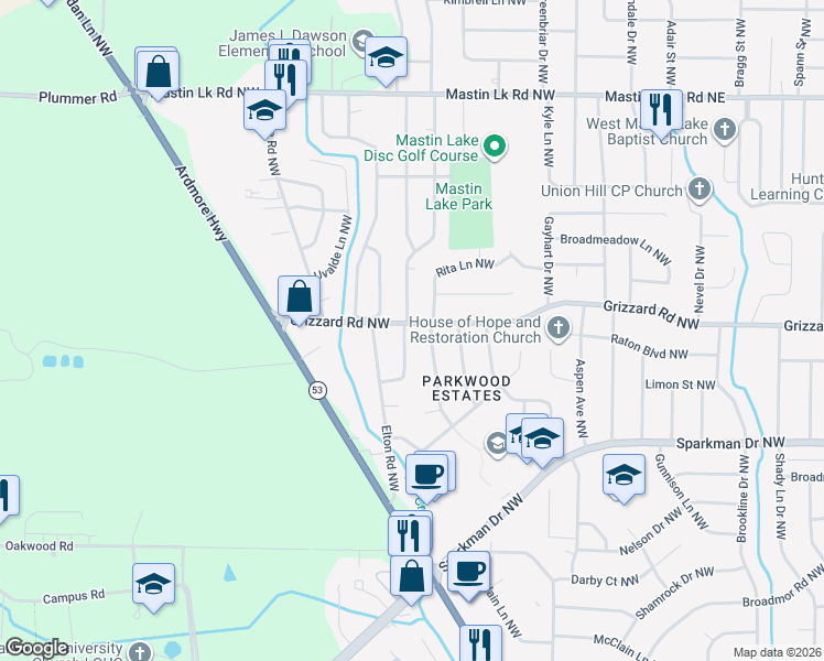 map of restaurants, bars, coffee shops, grocery stores, and more near 6031 Grizzard Road Northwest in Huntsville