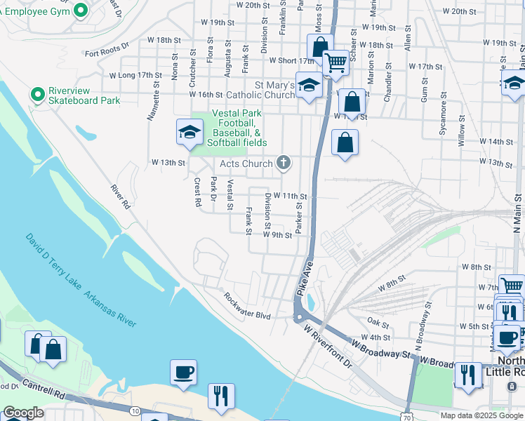 map of restaurants, bars, coffee shops, grocery stores, and more near 1305 West 10th Street in North Little Rock