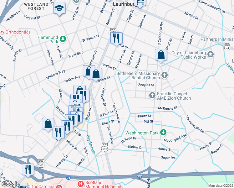 map of restaurants, bars, coffee shops, grocery stores, and more near 1103 South Pine Street in Laurinburg