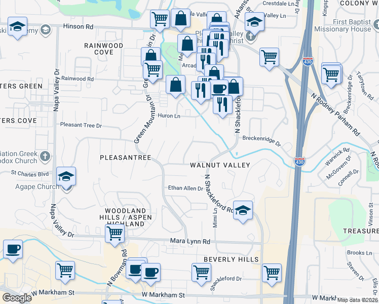 map of restaurants, bars, coffee shops, grocery stores, and more near 1121 Briar Creek Road in Little Rock