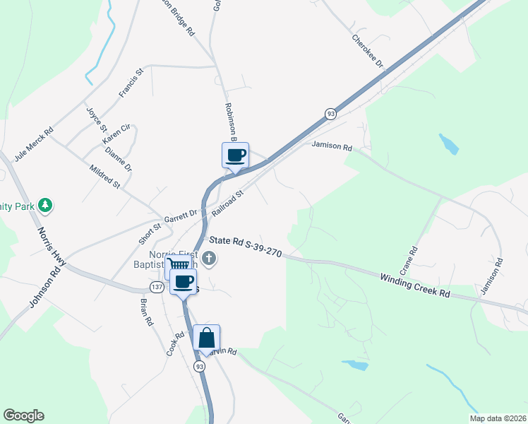 map of restaurants, bars, coffee shops, grocery stores, and more near 121 Old Schoolhouse Road in Liberty