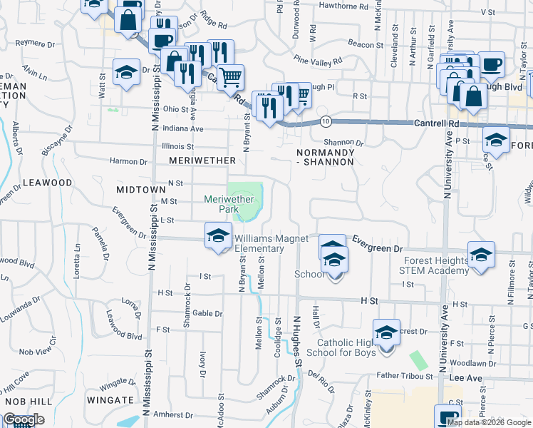map of restaurants, bars, coffee shops, grocery stores, and more near 1304 Mellon Street in Little Rock