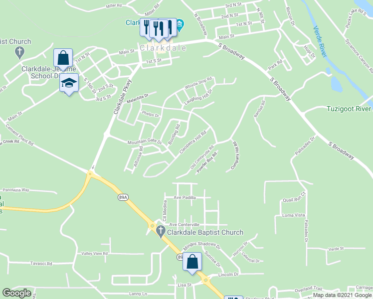 map of restaurants, bars, coffee shops, grocery stores, and more near 499 Cleopatra Hill Road in Clarkdale