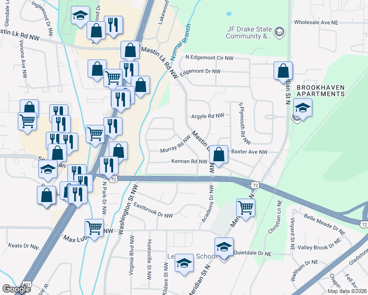 map of restaurants, bars, coffee shops, grocery stores, and more near 2909 Boswell Drive Northwest in Huntsville