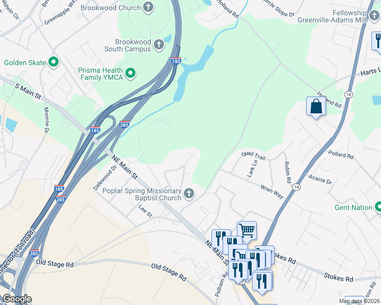 map of restaurants, bars, coffee shops, grocery stores, and more near 105 Birch Court in Simpsonville