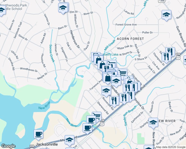 map of restaurants, bars, coffee shops, grocery stores, and more near 318 Richlands Avenue in Jacksonville