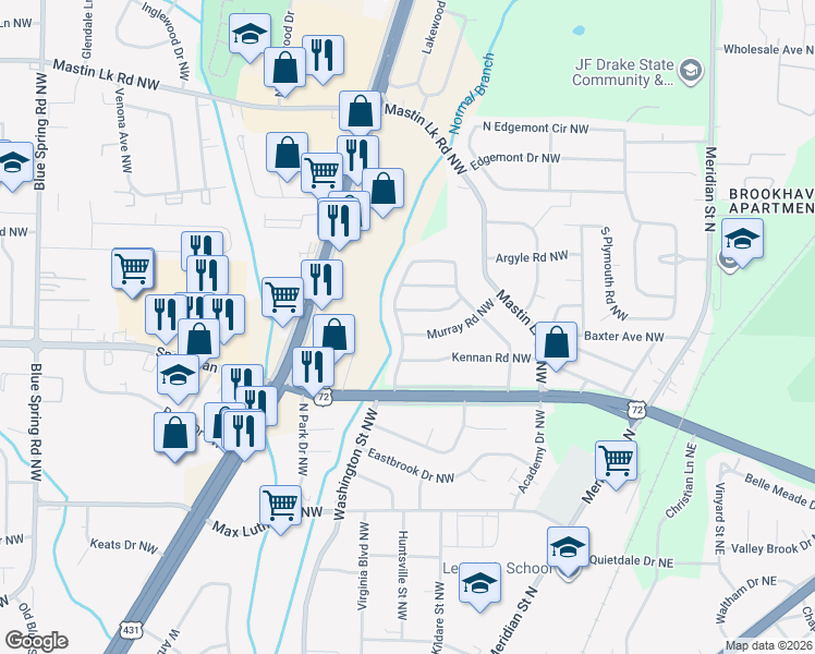 map of restaurants, bars, coffee shops, grocery stores, and more near 620 Murray Road Northwest in Huntsville