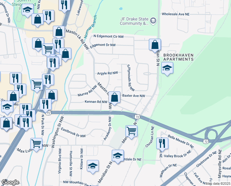 map of restaurants, bars, coffee shops, grocery stores, and more near 615 Royal Oak Drive Northwest in Huntsville