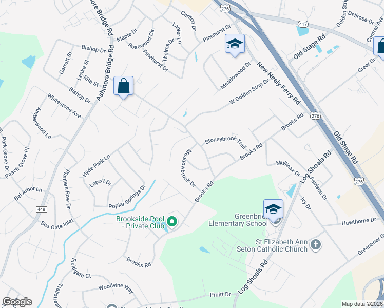 map of restaurants, bars, coffee shops, grocery stores, and more near 103 Meadowbrook Drive in Mauldin