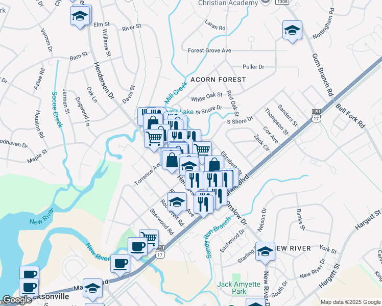 map of restaurants, bars, coffee shops, grocery stores, and more near 2532 Onslow Drive in Jacksonville