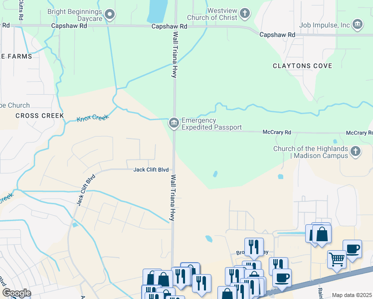 map of restaurants, bars, coffee shops, grocery stores, and more near 6259 Wall Triana Highway in Madison