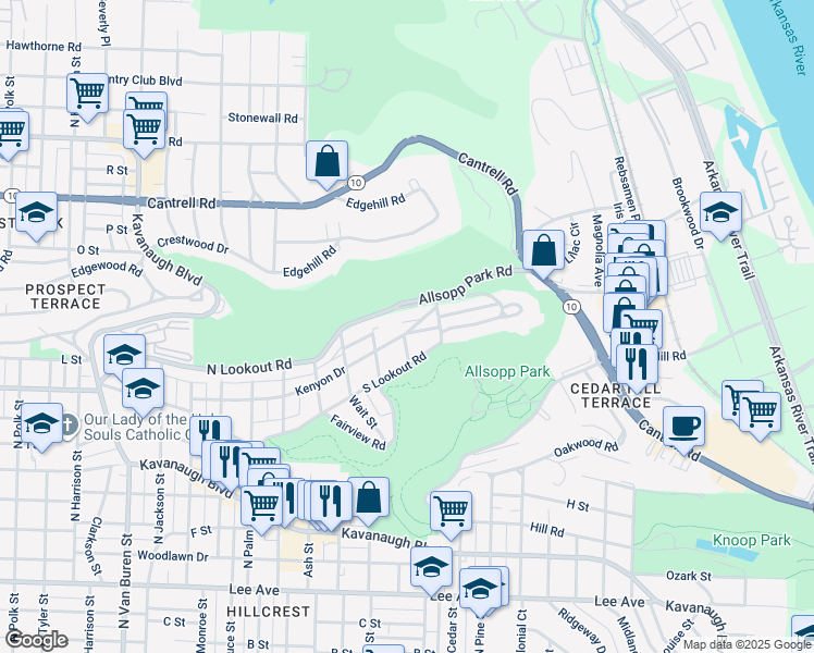 map of restaurants, bars, coffee shops, grocery stores, and more near 4100 Kenyon Drive in Little Rock