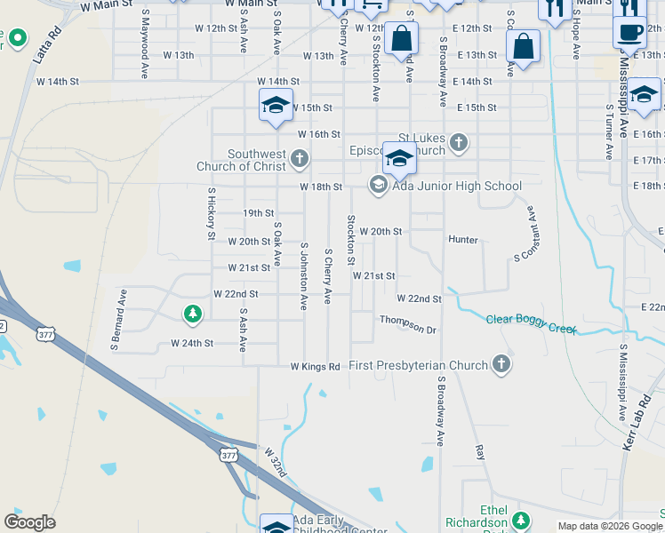 map of restaurants, bars, coffee shops, grocery stores, and more near 1112 South Cherry Avenue in Ada