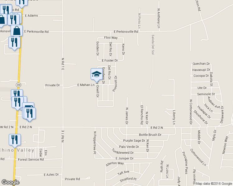 map of restaurants, bars, coffee shops, grocery stores, and more near 1247 Prescott Drive in Chino Valley