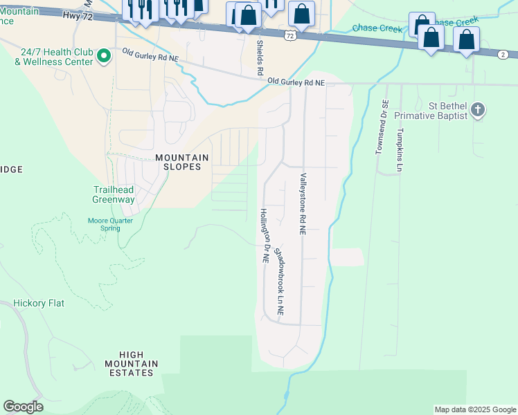 map of restaurants, bars, coffee shops, grocery stores, and more near 148 Hollington Drive Northeast in Huntsville