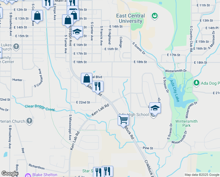 map of restaurants, bars, coffee shops, grocery stores, and more near 901 East Central Boulevard in Ada