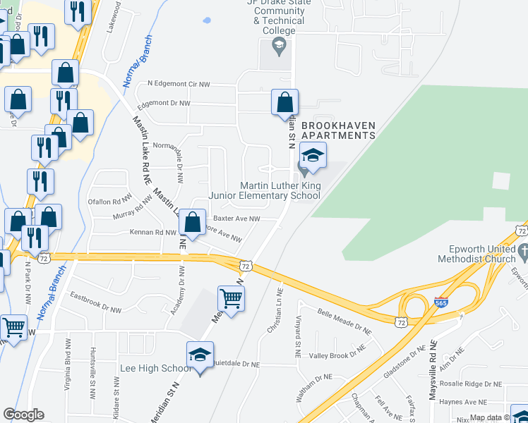 map of restaurants, bars, coffee shops, grocery stores, and more near 313 South Plymouth Road Northwest in Huntsville