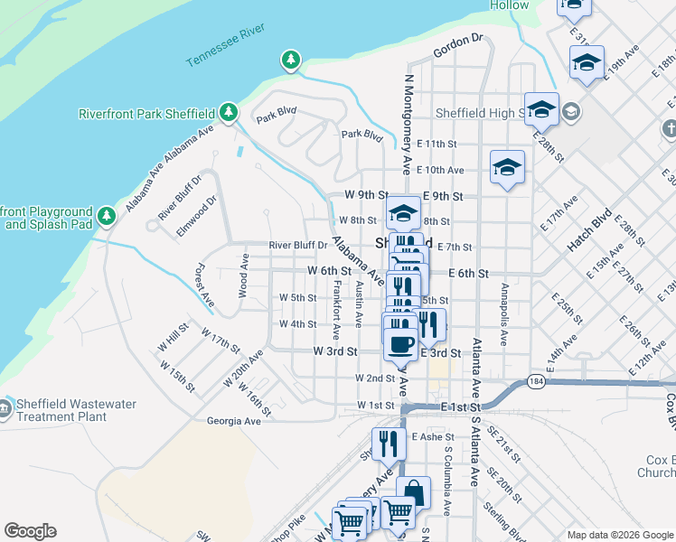 map of restaurants, bars, coffee shops, grocery stores, and more near 301 West 6th Street in Sheffield