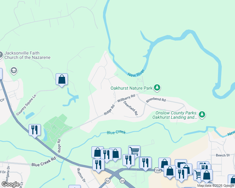 map of restaurants, bars, coffee shops, grocery stores, and more near 436 Ridge Road in Jacksonville