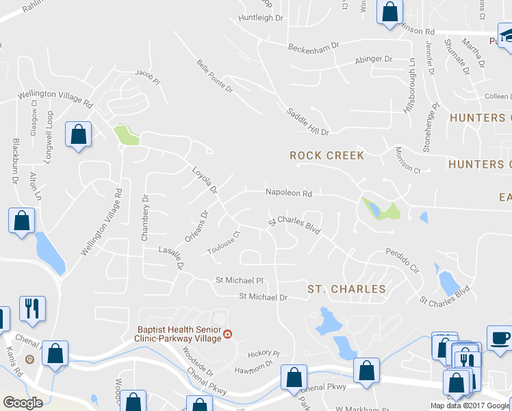 map of restaurants, bars, coffee shops, grocery stores, and more near 12 Versailles Court in Little Rock