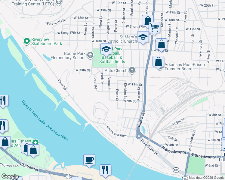 map of restaurants, bars, coffee shops, grocery stores, and more near 1407 West 10th Street in North Little Rock