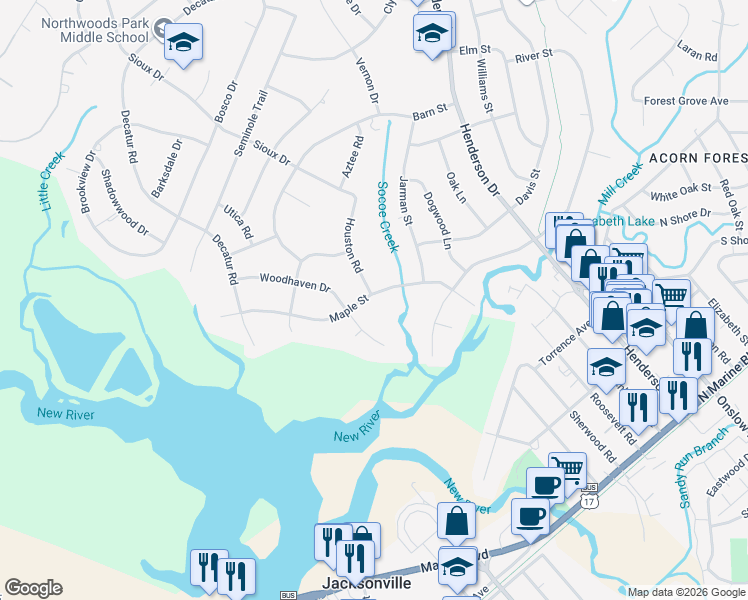map of restaurants, bars, coffee shops, grocery stores, and more near 511 Maple Street in Jacksonville