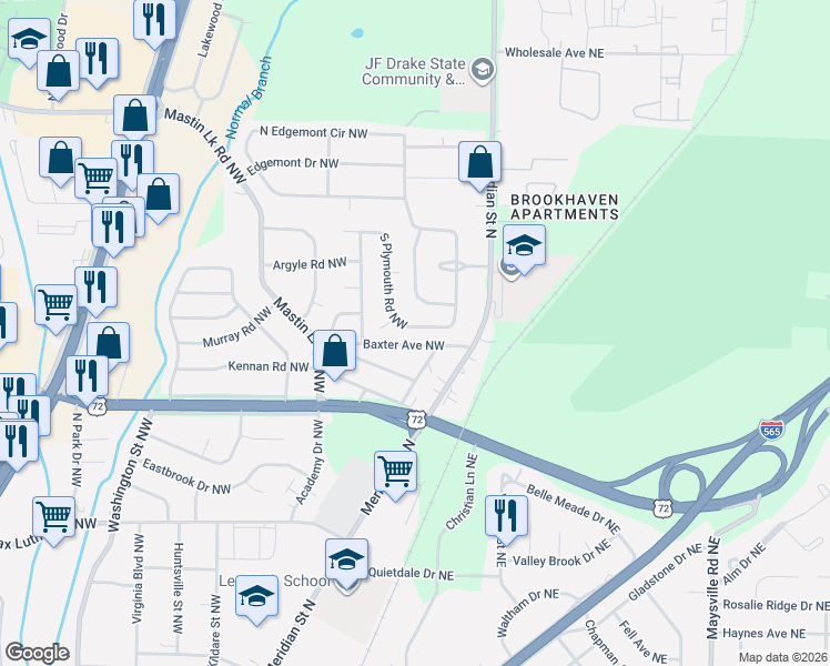 map of restaurants, bars, coffee shops, grocery stores, and more near 325 South Plymouth Road Northwest in Huntsville