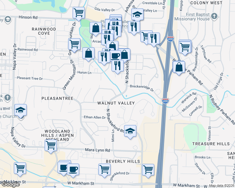 map of restaurants, bars, coffee shops, grocery stores, and more near 2 Cobble Hill Road in Little Rock