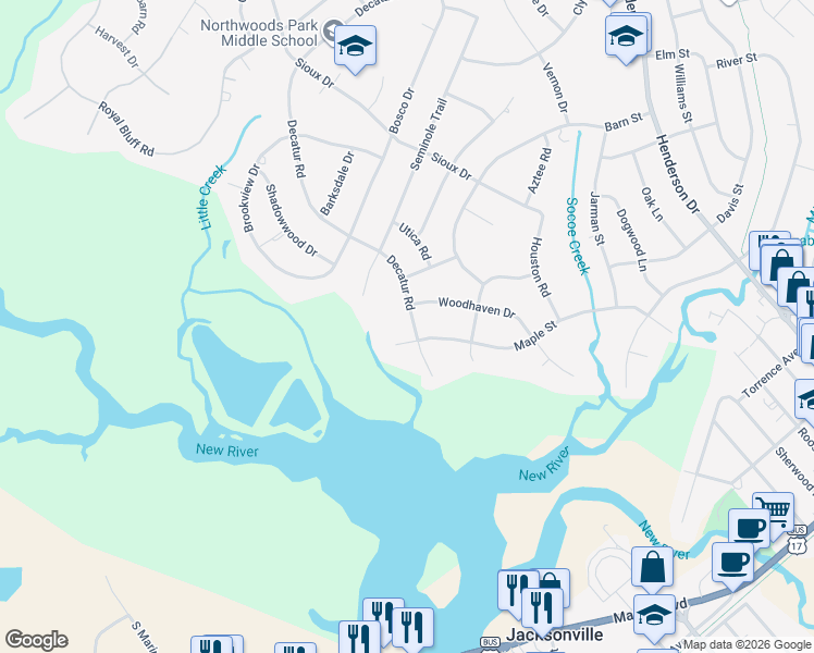 map of restaurants, bars, coffee shops, grocery stores, and more near 403 Decatur Road in Jacksonville