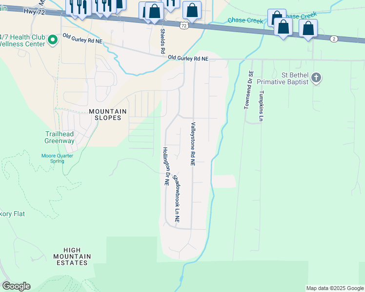 map of restaurants, bars, coffee shops, grocery stores, and more near 219 Northeast Albany Drive in Huntsville