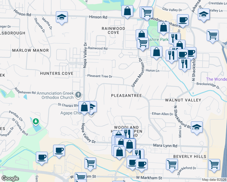 map of restaurants, bars, coffee shops, grocery stores, and more near 7 Tortoise Park Cove in Little Rock
