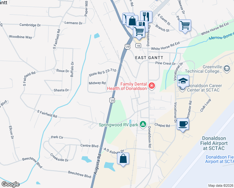 map of restaurants, bars, coffee shops, grocery stores, and more near 6605 Augusta Road in Greenville