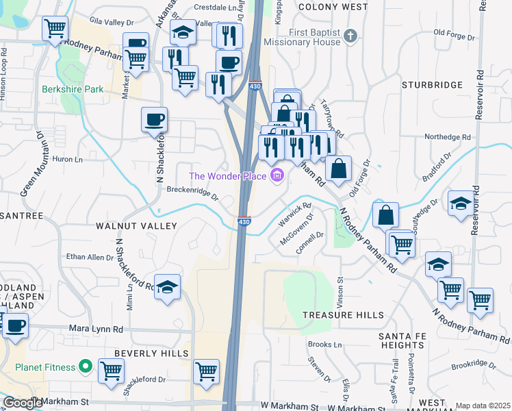 map of restaurants, bars, coffee shops, grocery stores, and more near 1010 Breckenridge Drive in Little Rock