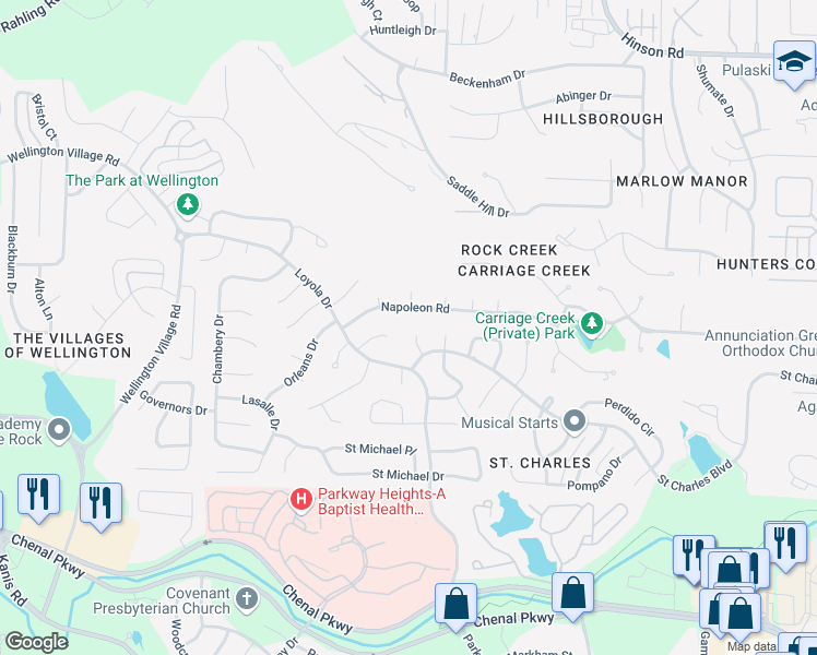 map of restaurants, bars, coffee shops, grocery stores, and more near 8 Trefny Court in Little Rock
