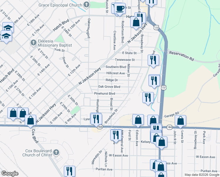 map of restaurants, bars, coffee shops, grocery stores, and more near 1500-1598 Oak Grove Boulevard in Sheffield