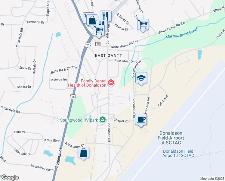 map of restaurants, bars, coffee shops, grocery stores, and more near 411 Donaldson Road in Greenville